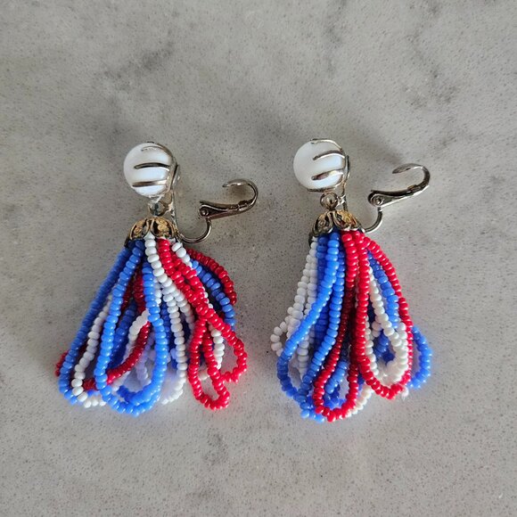 RED, WHITE, AND BLUE BEADED DANGLE CLIP-ON EARRINGS - Picture 11 of 14